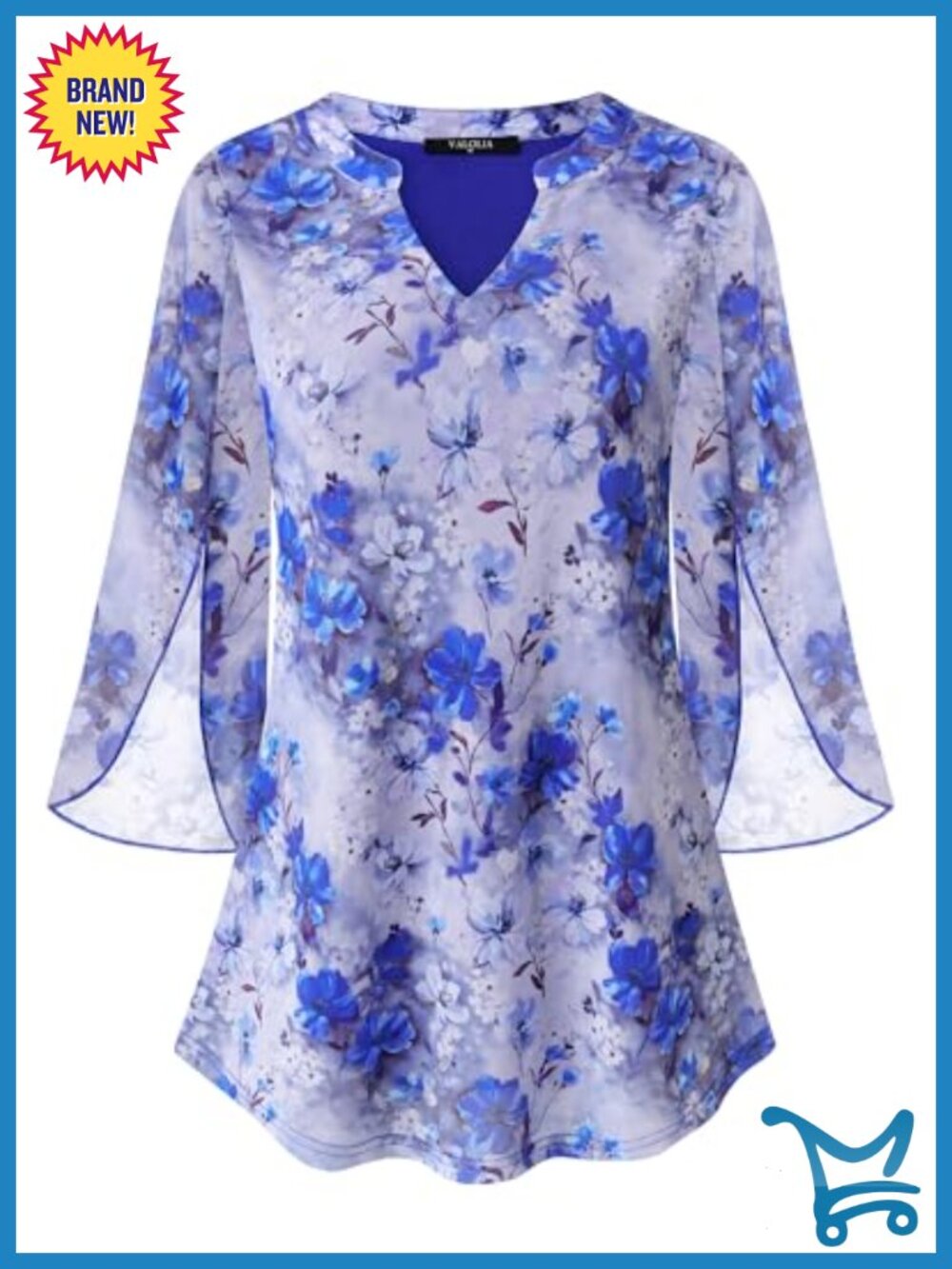 VALOLIA Women's 3/4 Sleeve Floral Tunic Top V Neck Double Layers Loose Mesh